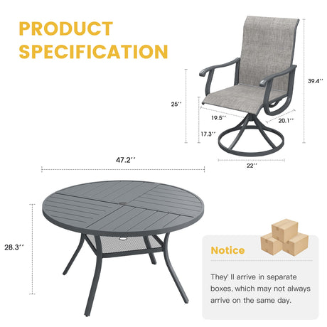 Vicllax Juego de comedor para exterior de 5 piezas con mesa redonda de metal de 42" y 4 sillas giratorias acolchadas