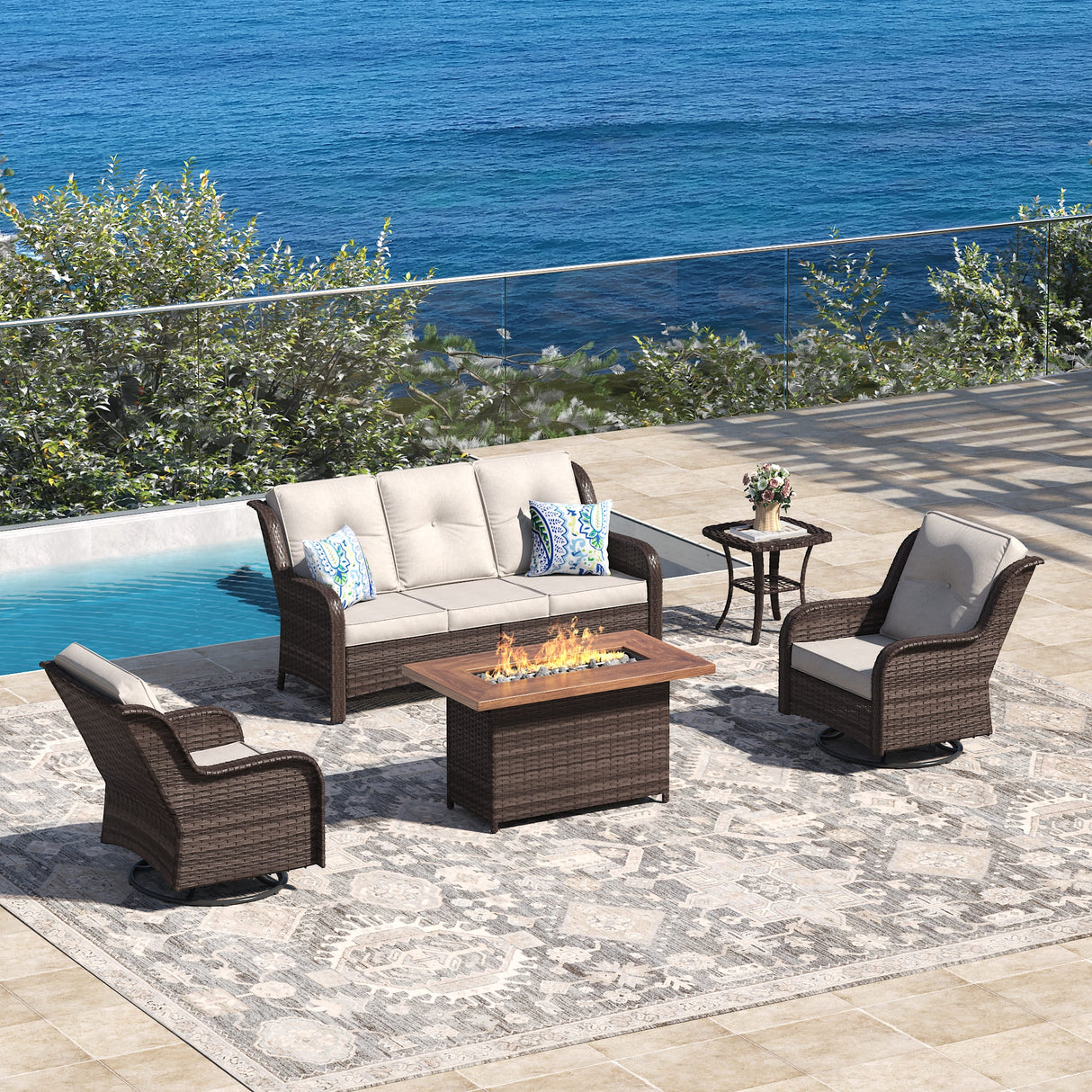 Vicllax Patio Wicker Oasis Lounge Set, 3-Seater, Swivel Chair with Fire table