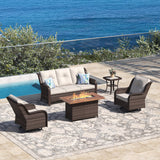 Vicllax Patio Wicker Oasis Lounge Set, 3-Seater, Swivel Chair with Fire table