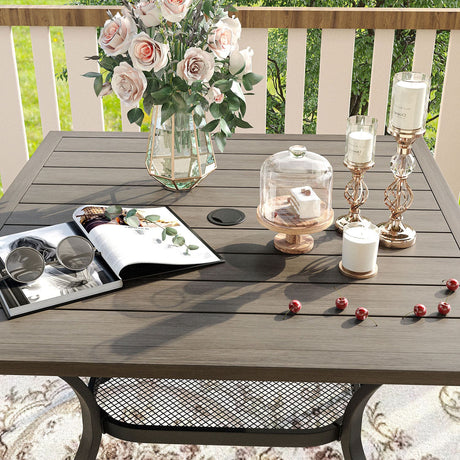 Vicllax Mesa de comedor para patio al aire libre para 4 personas, mesa cuadrada de metal con almacenamiento 