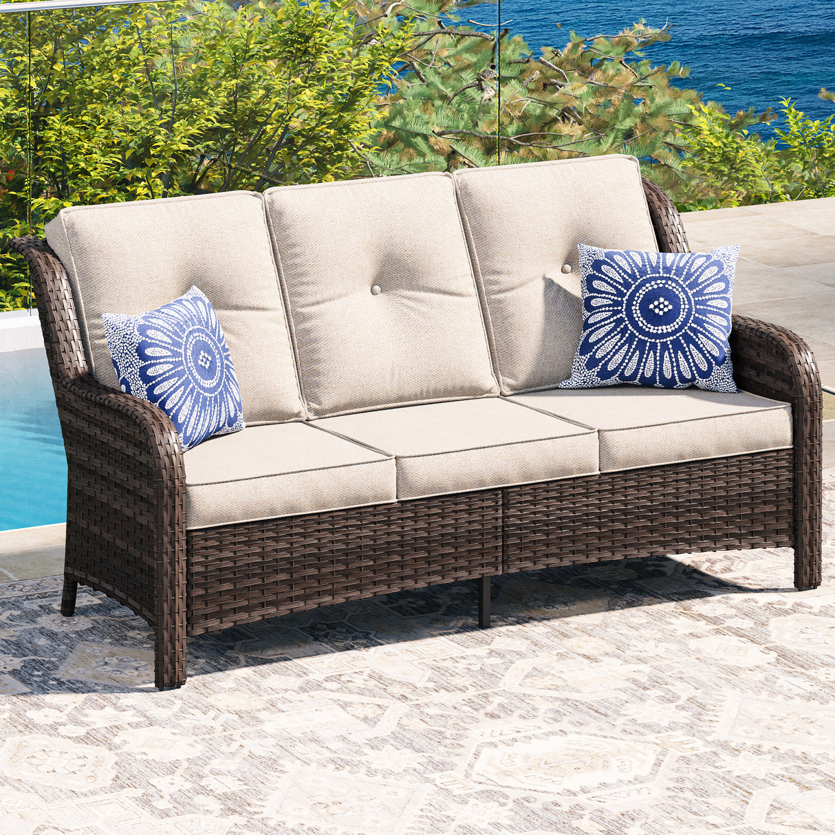 Vicllax Patio Wicker Oasis Lounge Sofa, 3-Seater Sofa