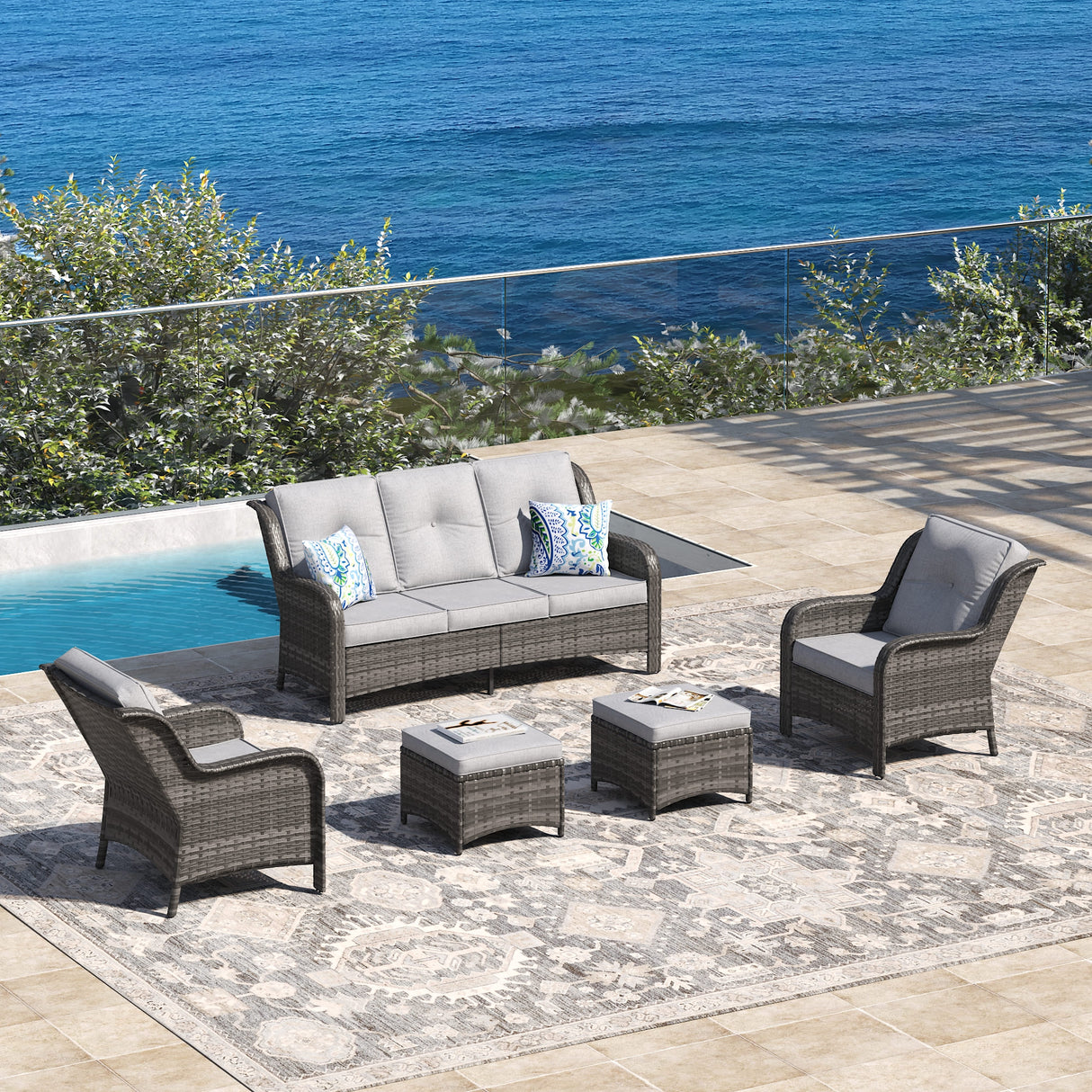 Vicllax 4 Pieces Patio Wicker Oasis Lounge Set, 3-Seater with Ottoman