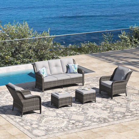 Vicllax 4 Pieces Patio Wicker Oasis Lounge Set, 3-Seater with Ottoman