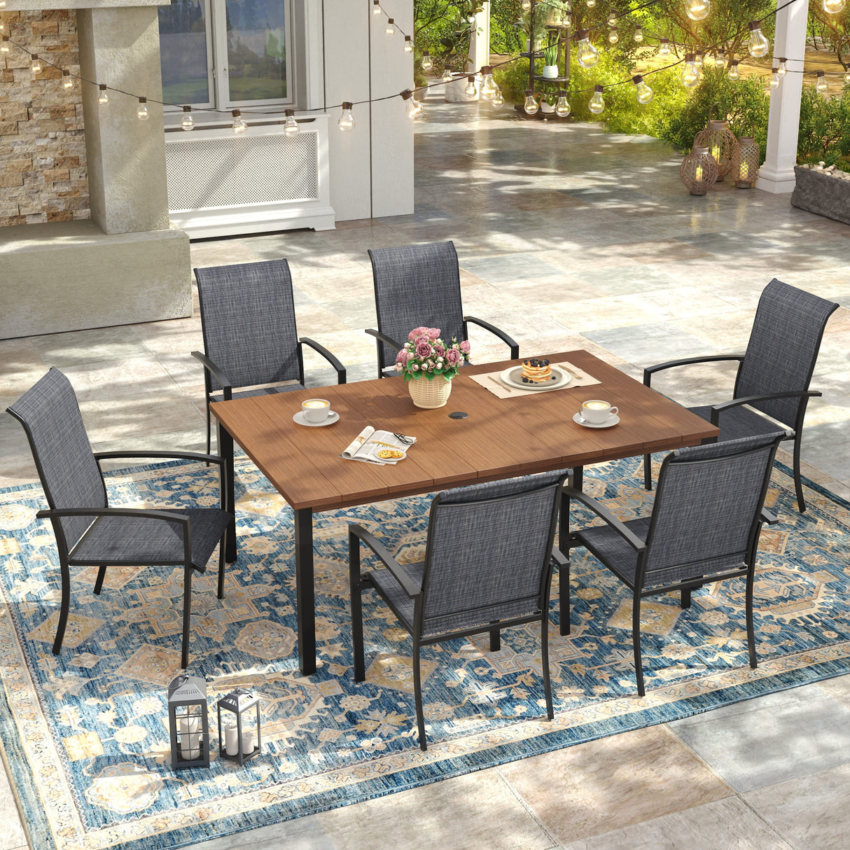 Vicllax 7 Pieces Outdoor Dining Set, Patio Rectangular Metal Table and Skyline Stackable Chair