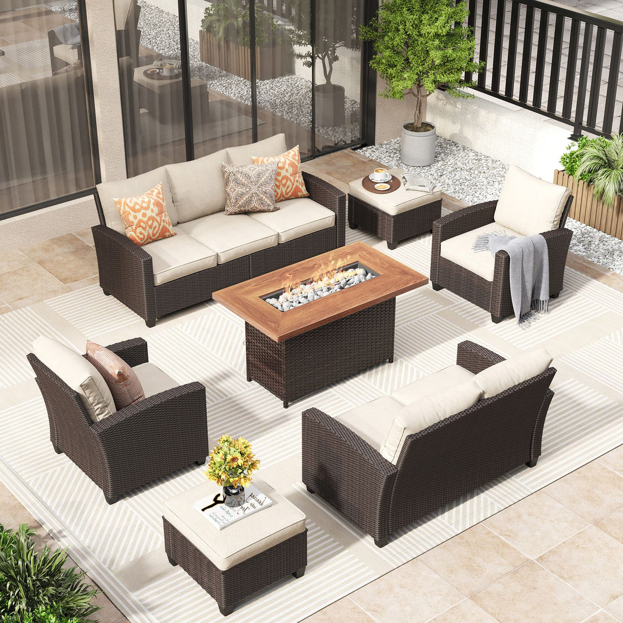 Vicllax Patio Sofa Set, Wicker Outdoor Conversation Set with Cushioned Sofa Chairs with Wicker Fire Pit, Stable Chair