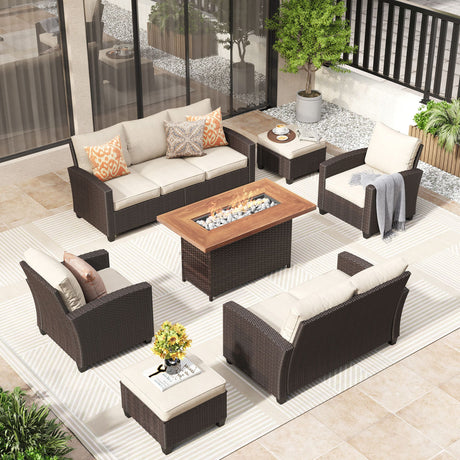 Vicllax Patio Sofa Set, Wicker Outdoor Conversation Set with Cushioned Sofa Chairs with Wicker Fire Pit, Stable Chair