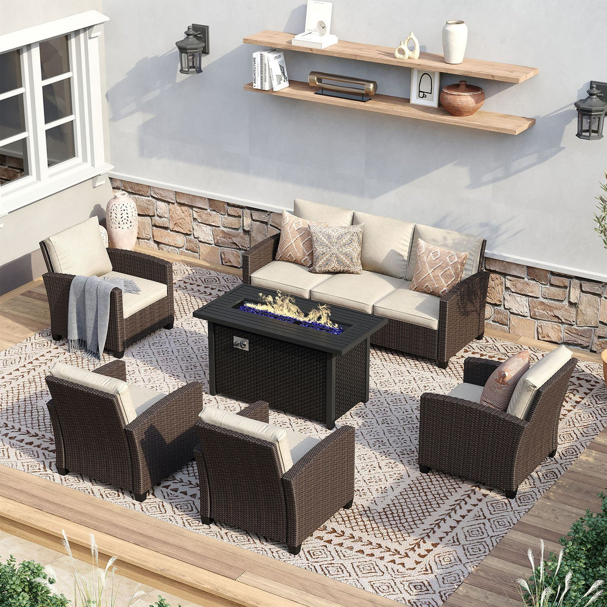 Vicllax Patio Furniture Set, Wicker Outdoor Conversation Set with Cushioned Sofa Chairs Fire Pit Table and Ottomans
