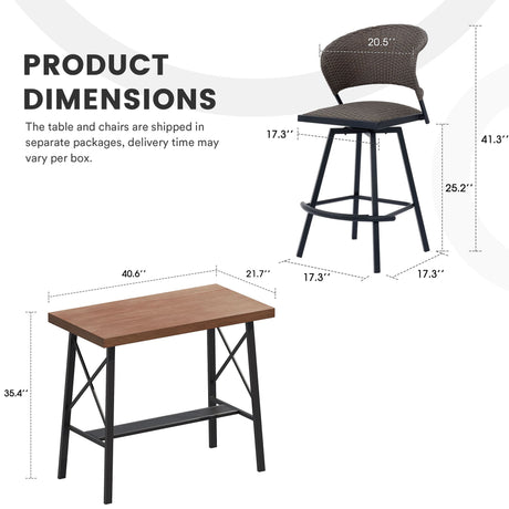 Vicllax 3 PCS Outdoor Bar Set, Patio Wicker Bar Chairs and Large Rectangular Bar Table