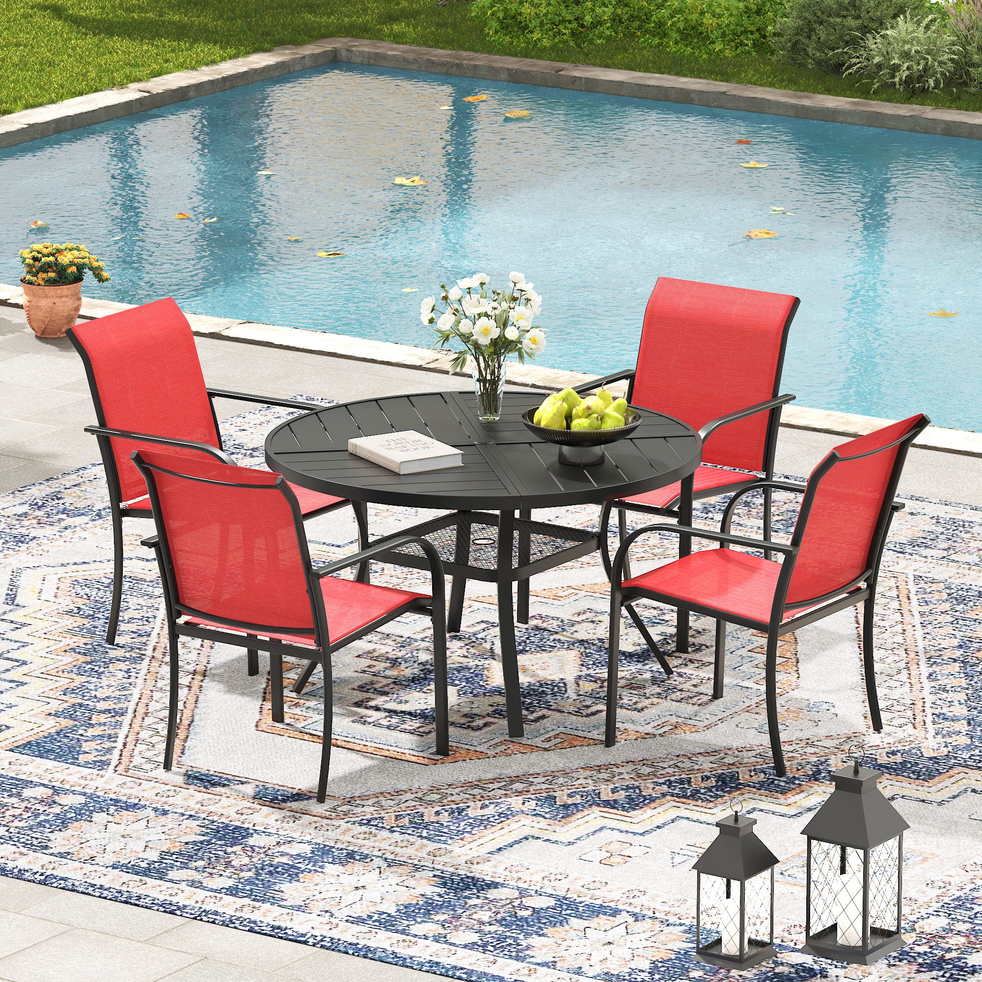 VICLLAX 5/7 PCS Patio Dining Table Set, Round Metal Table with Shelf and Stackable Sling Chair