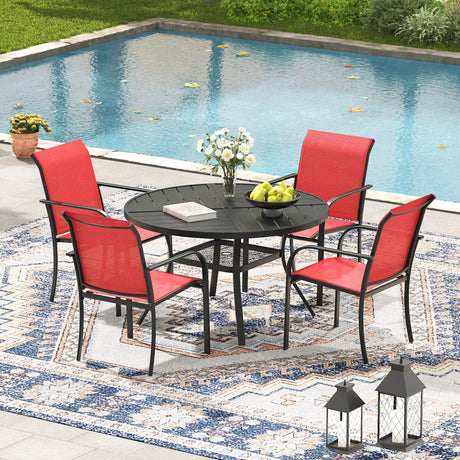 VICLLAX 5/7 PCS Patio Dining Table Set, Round Metal Table with Shelf and Stackable Sling Chair