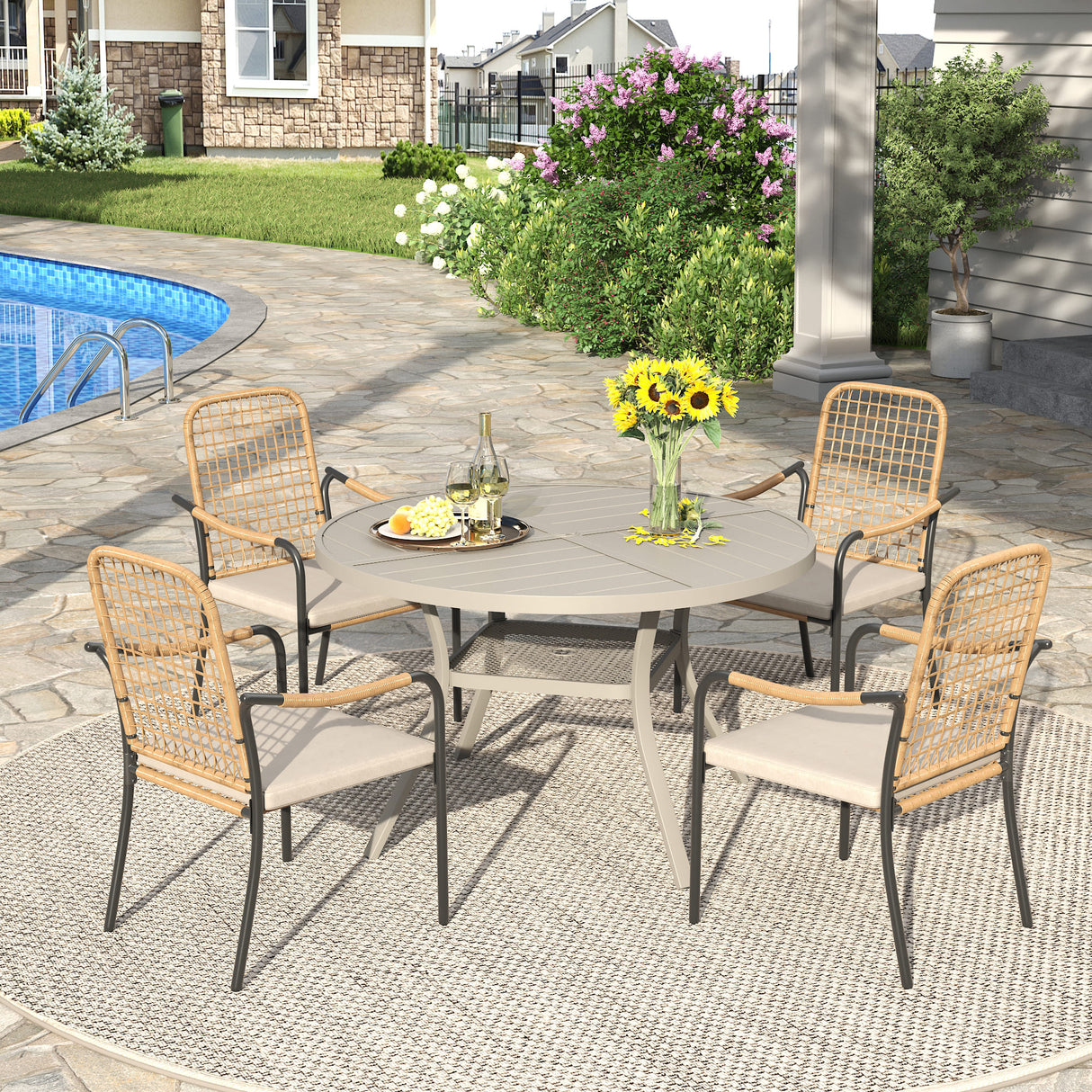 Vicllax 5 PCS Patio Dining Table Set, 41" Round Metal Table with Shelf and Solana Stackable Chair
