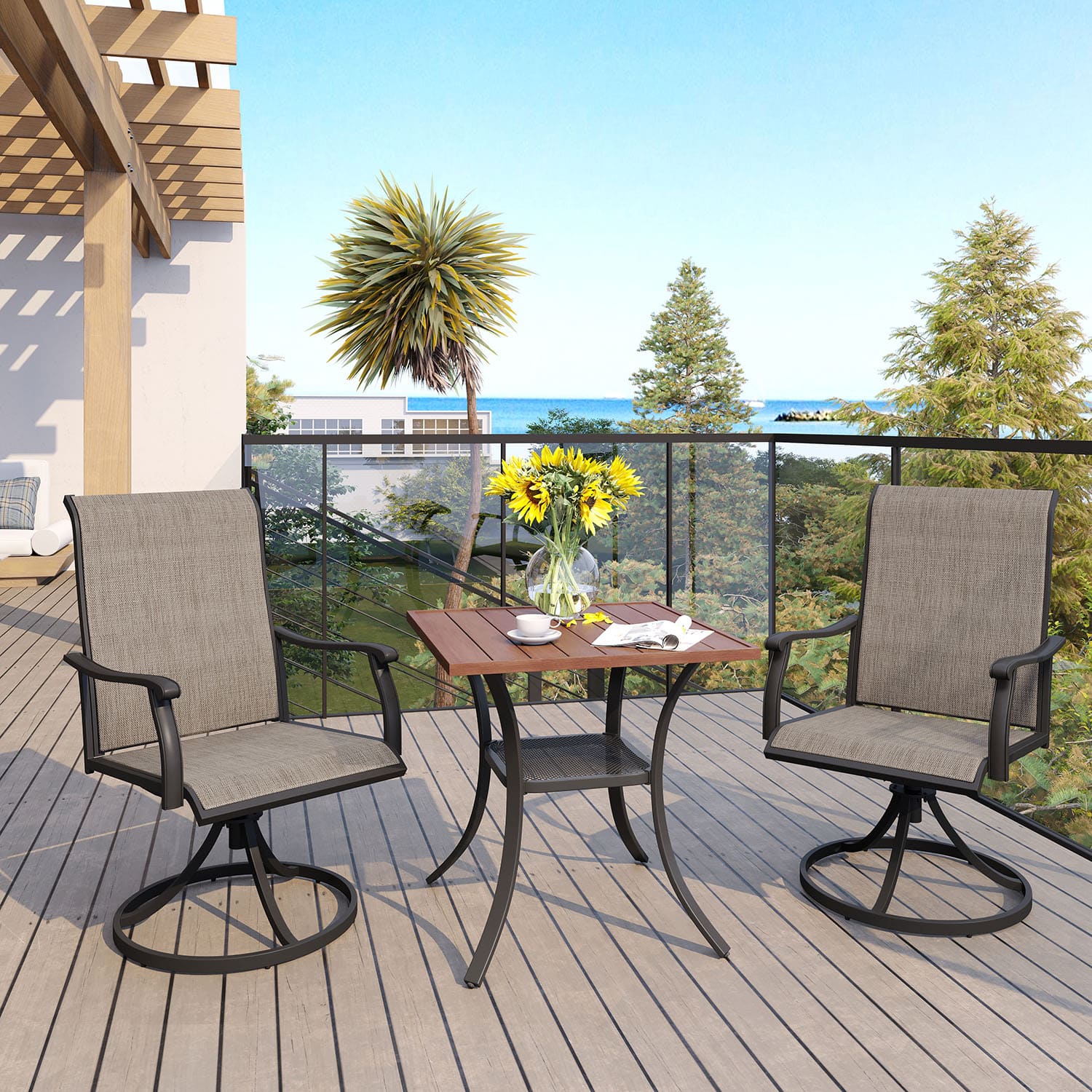 Vicllax 3-Piece Patio Bistro Set, Outdoor Swivel Chairs and Square Bisto Table