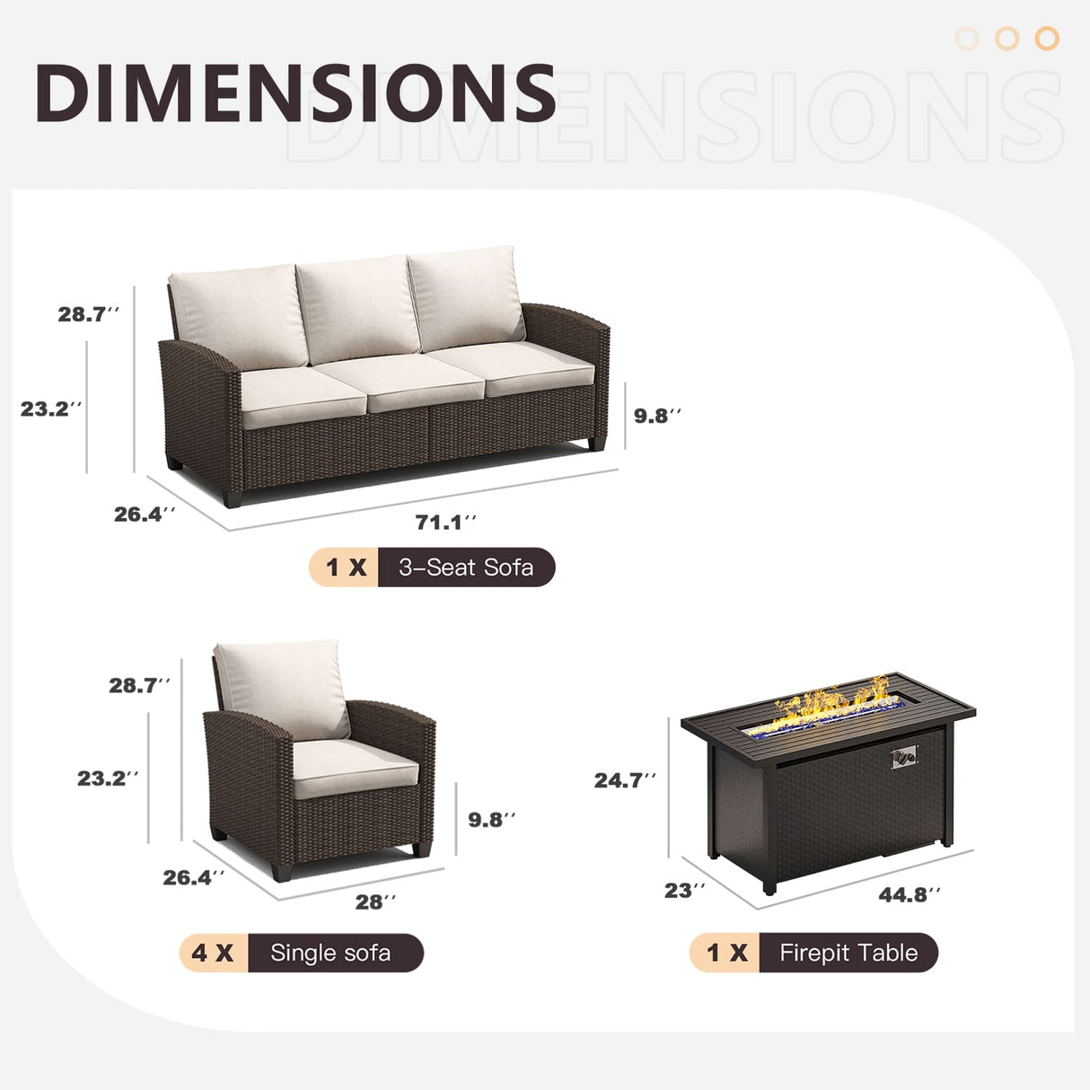 Vicllax Patio Furniture Set, Wicker Outdoor Conversation Set with Cushioned Sofa Chairs Fire Pit Table and Ottomans