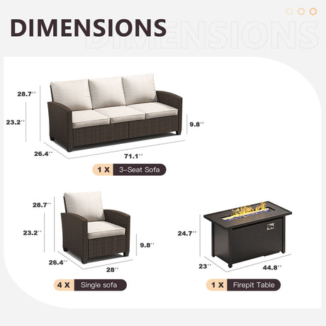 Vicllax Patio Furniture Set, Wicker Outdoor Conversation Set with Cushioned Sofa Chairs Fire Pit Table and Ottomans