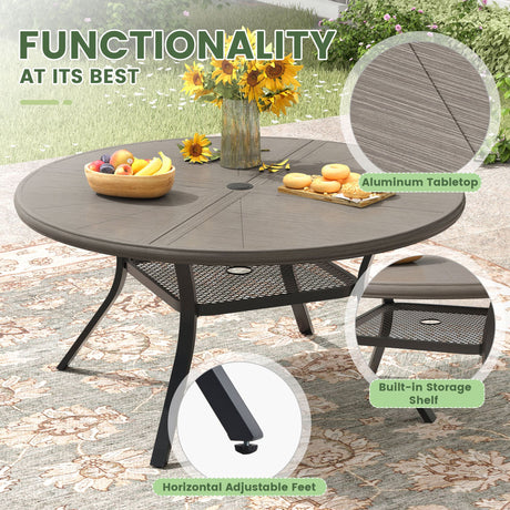 Vicllax Outdoor Round Dining Table, Patio Aluminum Tabletop with Storage Shelf