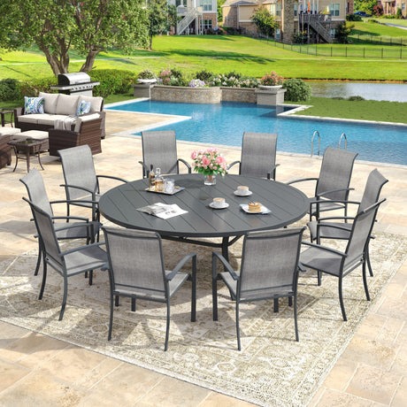 Vicllax 11-Piece Outdoor Dining Set, 63” Round Metal Table and Skyline Stackable Chair