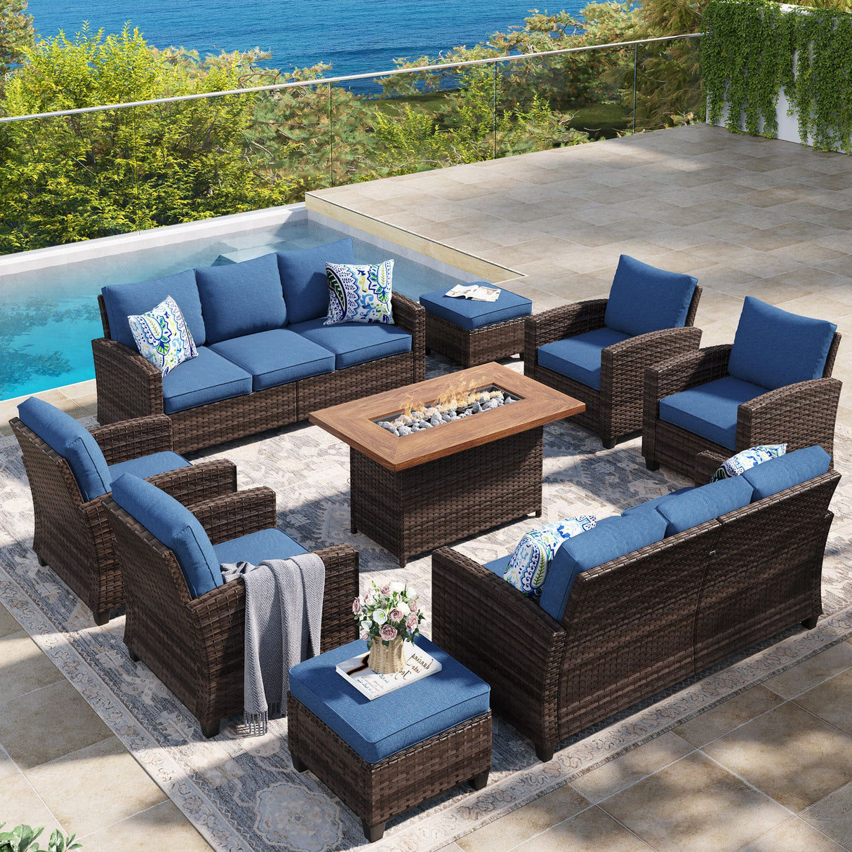 Vicllax Versatile Wicker Patio Set: 9 Pieces with Fire Table & Ottoman
