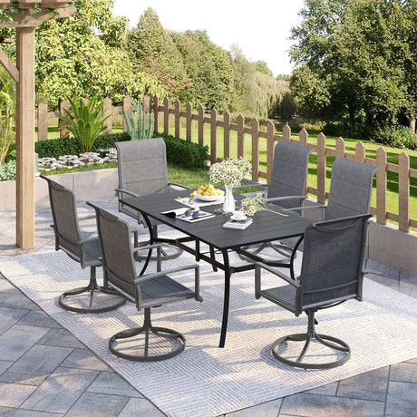 Vicllax Juego de comedor de exterior de 7 piezas con mesa rectangular de metal y sillas giratorias de textileno
