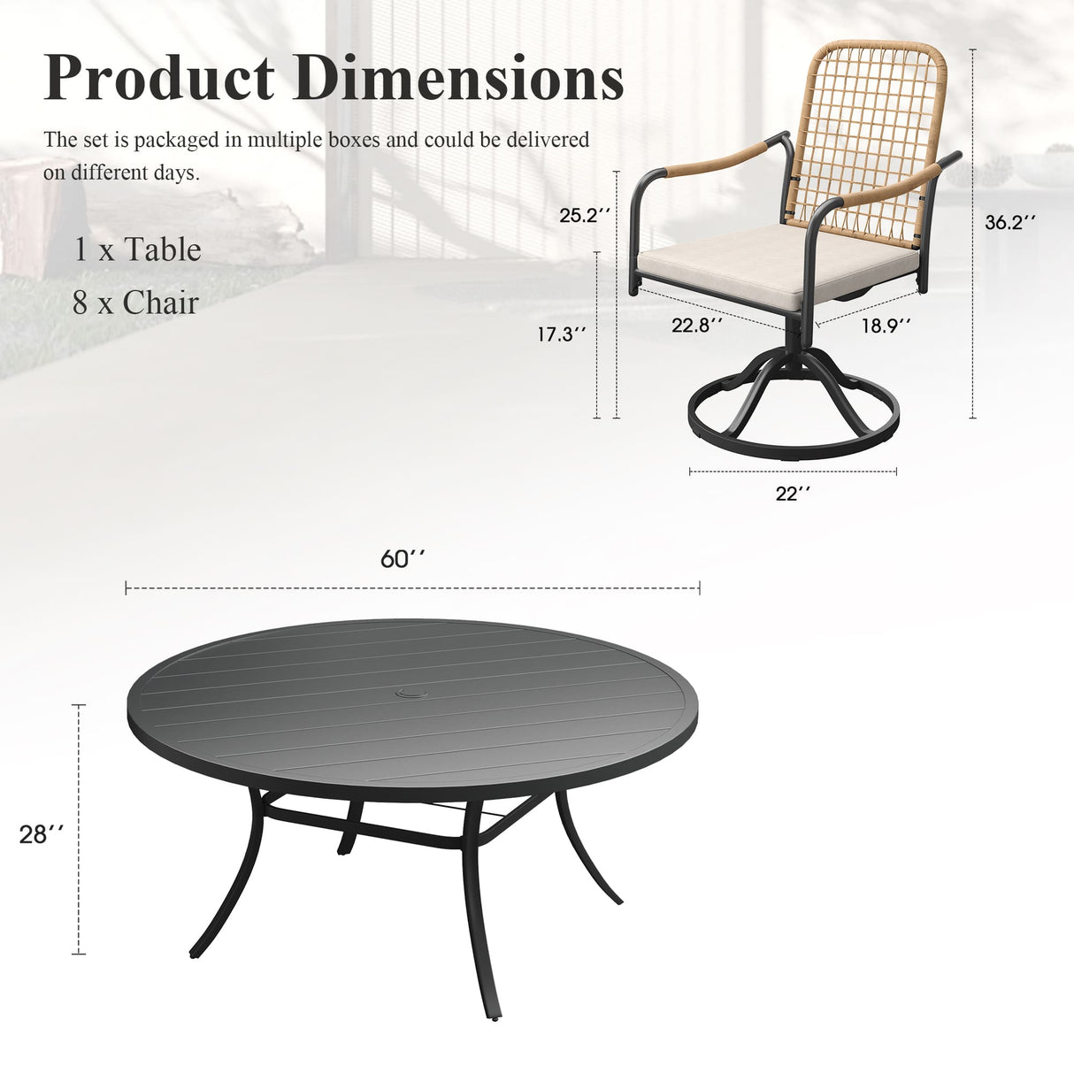 Vicllax 9-Piece Outdoor Dining Set, 60” Round Metal Table with Umbrella Hole & 8 Swivel Rope-woven Chair