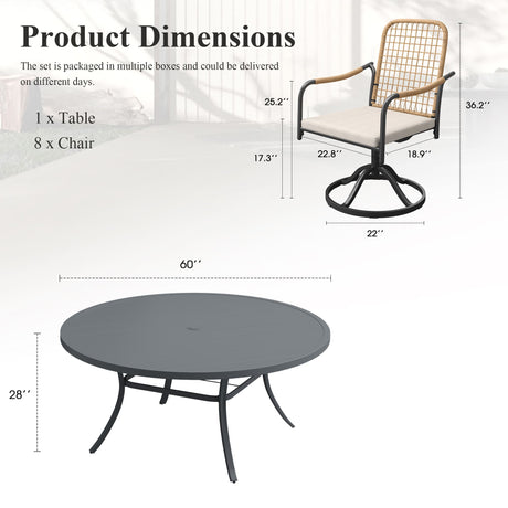 Vicllax 9-Piece Outdoor Dining Set, 60” Round Metal Table with Umbrella Hole & 8 Swivel Rope-woven Chair