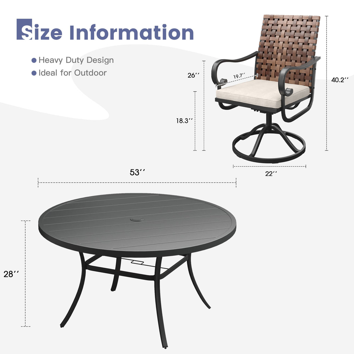 Vicllax 7 PCS Patio Dining Table Set, 53" Round Metal Table and Sierra Swivel Chair