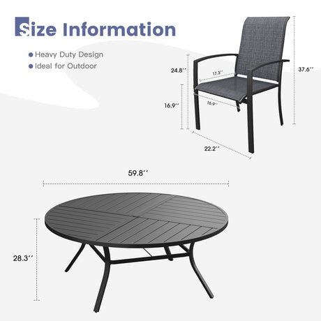 Vicllax 11 PCS Patio Dining Table Set, 60" Round Metal Table with Shelf and Skyline Stackable Chair