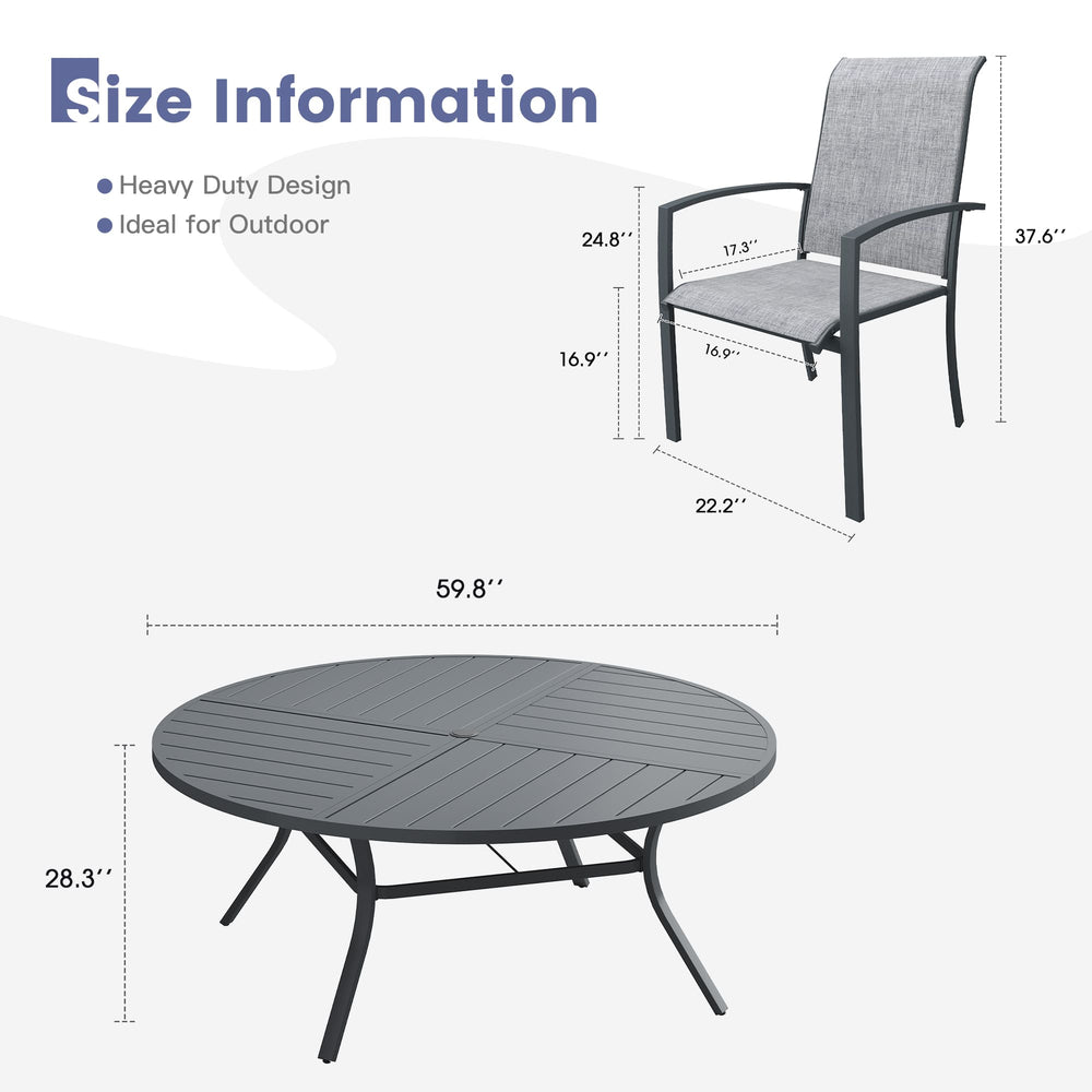 Vicllax 11 PCS Patio Dining Table Set, 60" Round Metal Table with Shelf and Skyline Stackable Chair