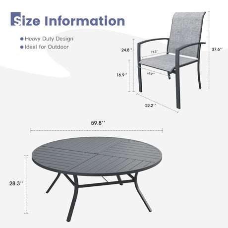 Vicllax 11 PCS Patio Dining Table Set, 60" Round Metal Table with Shelf and Skyline Stackable Chair