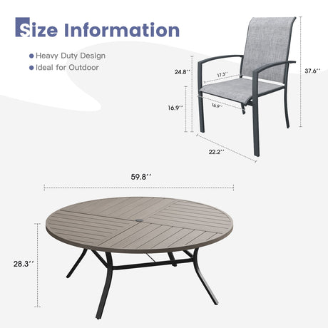 Vicllax 11 PCS Patio Dining Table Set, 60" Round Metal Table with Shelf and Skyline Stackable Chair