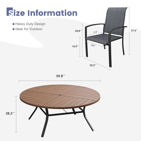 Vicllax 11 PCS Patio Dining Table Set, 60" Round Metal Table with Shelf and Skyline Stackable Chair