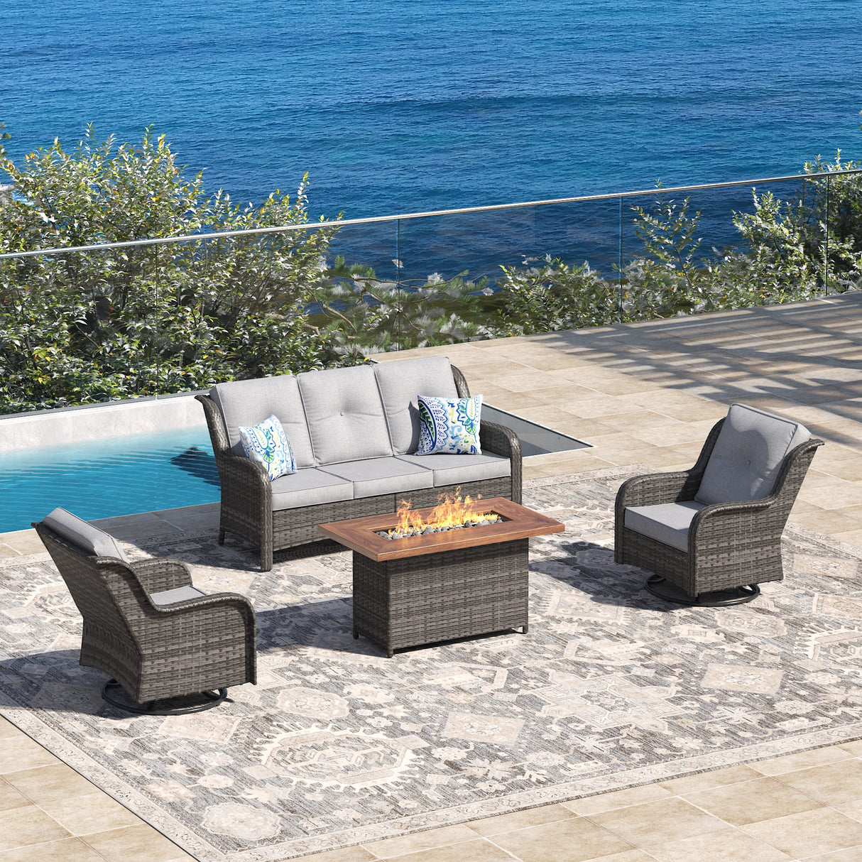 Vicllax Patio Wicker Oasis Lounge Set, 3-Seater, Swivel Chair with Fire table