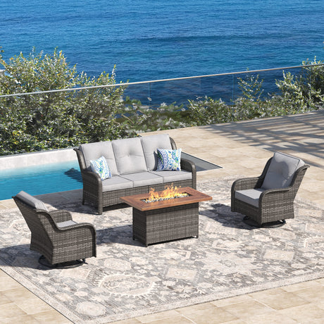 Vicllax Patio Wicker Oasis Lounge Set, 3-Seater, Swivel Chair with Fire table