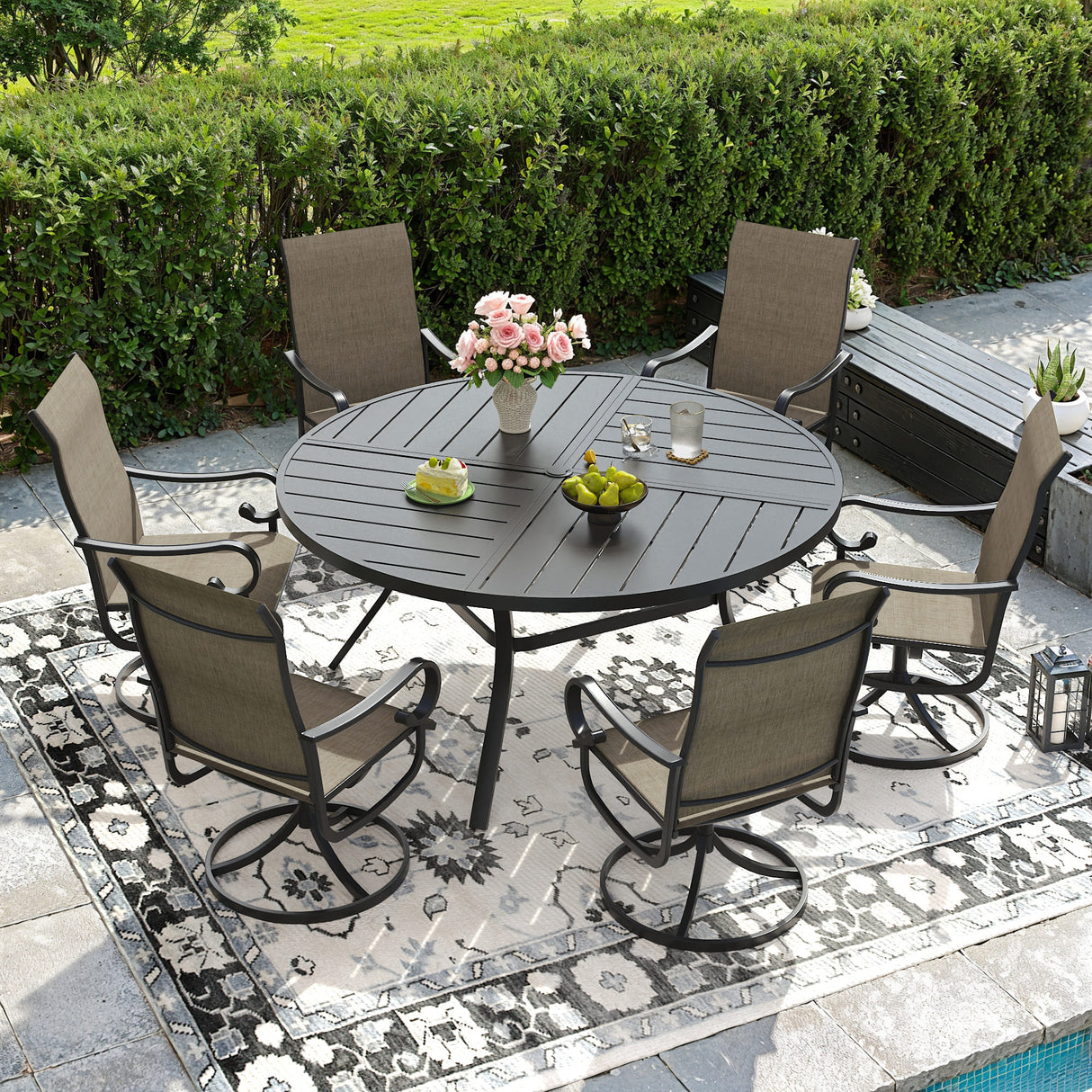 Vicllax 50" Patio Round Dining Table Set of 6, Metal Dining Table and Swivel Dining Chairs