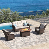 Vicllax Patio Wicker Oasis Lounge Set, 3-Seater, Swivel Chair with Fire table