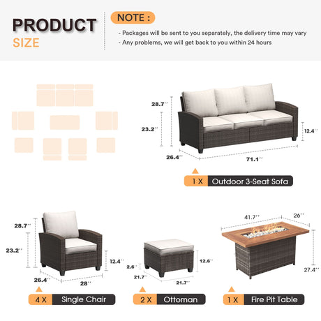 Vicllax Patio Furniture Set, Wicker Outdoor Conversation Set with Cushioned Sofa Chairs Fire Pit Table and Ottomans