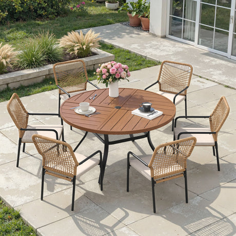 Vicllax 7 PCS Patio Dining Table Set,47" Round Metal Table with Shelf and Alora Stackable Chair