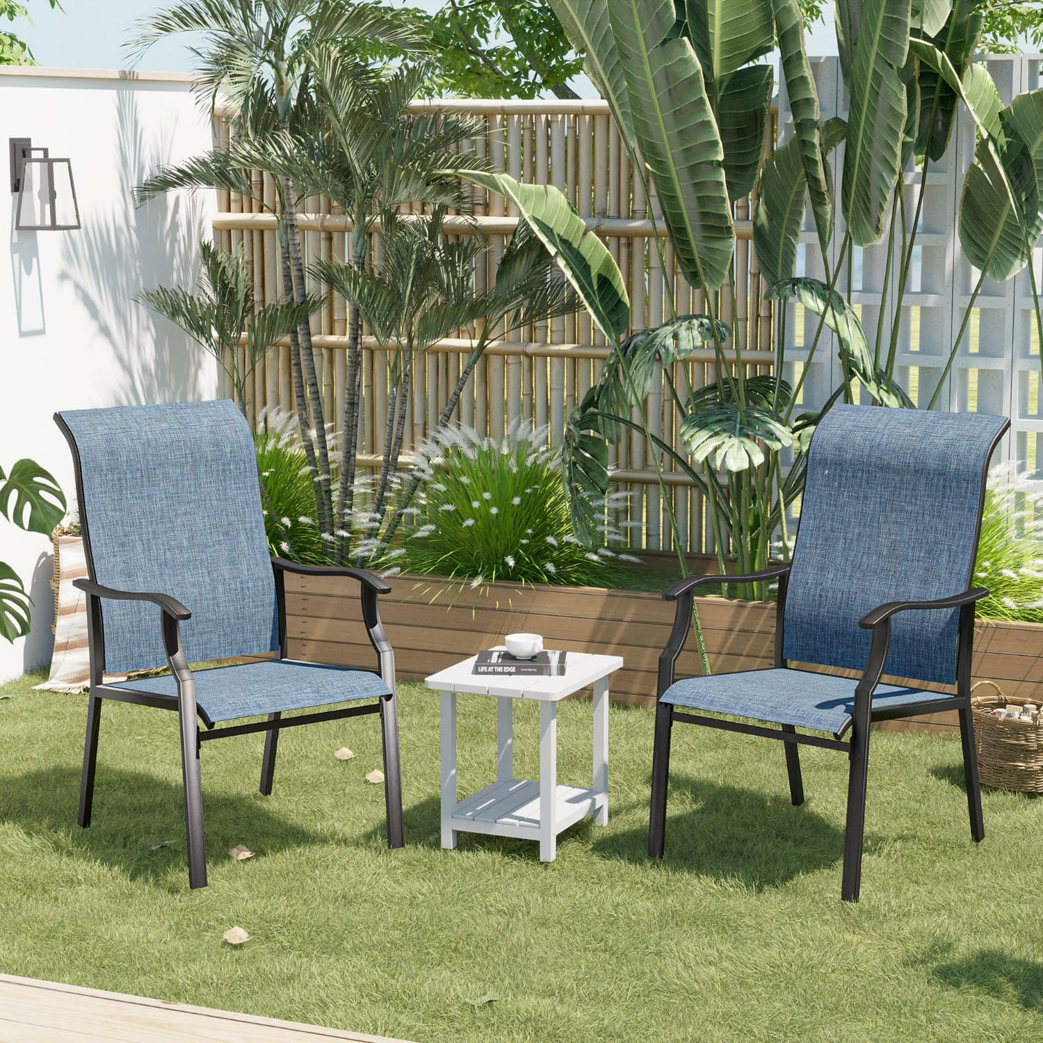 Vicllax Juego de sillas de patio de 3 piezas, 2 sillas de comedor y mesa auxiliar rectangular blanca 