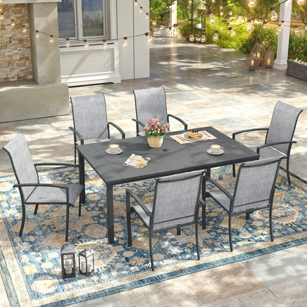 Vicllax 7 Pieces Outdoor Dining Set, Patio Rectangular Metal Table and Skyline Stackable Chair
