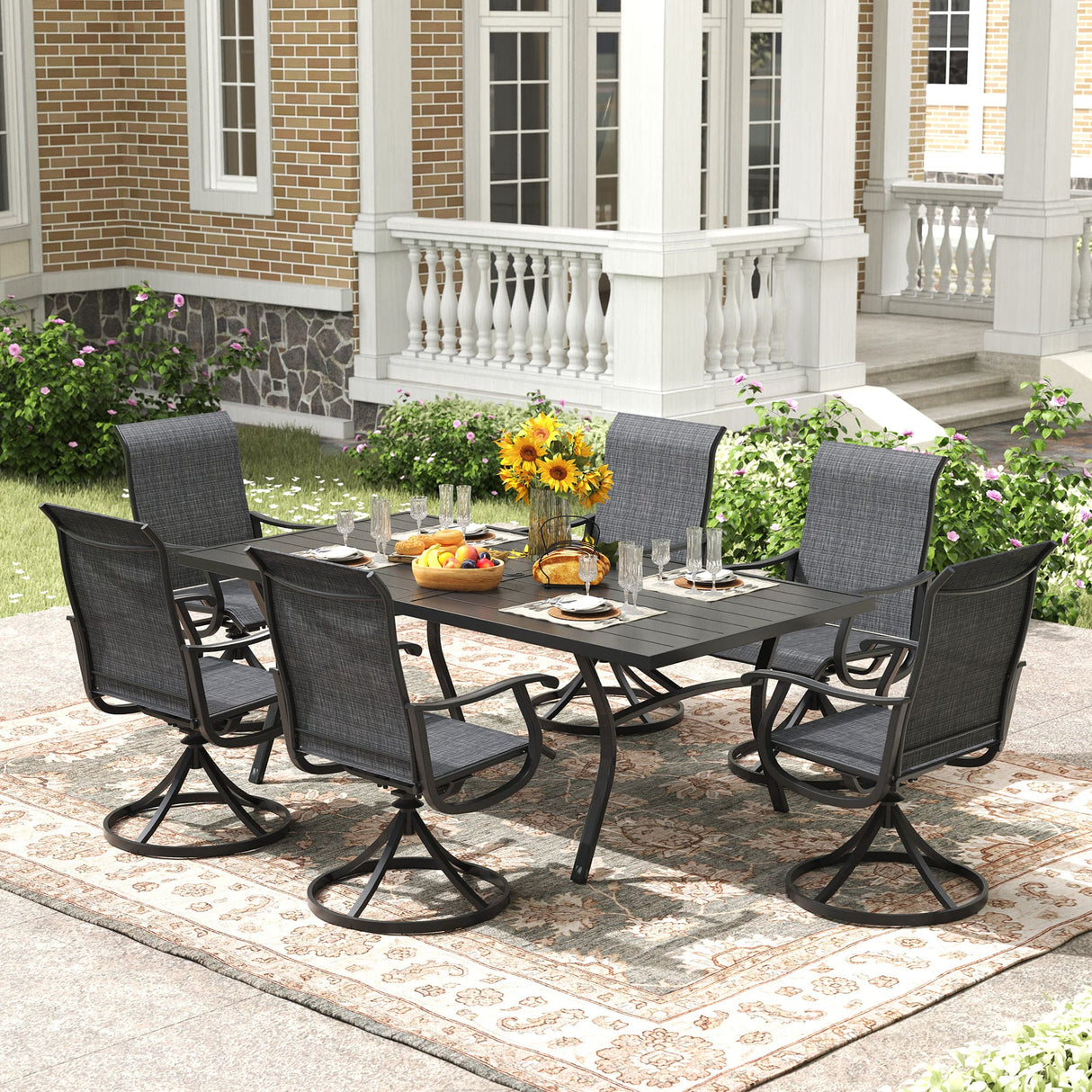 Vicllax 7/9 Pieces Outdoor Dining Set with Black Metal Rectangular Table and Textilene Swivel Chair