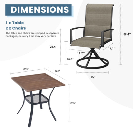 Vicllax Juego de bistró para patio de 3 piezas, sillas giratorias para exteriores y mesa pequeña de metal para patio 