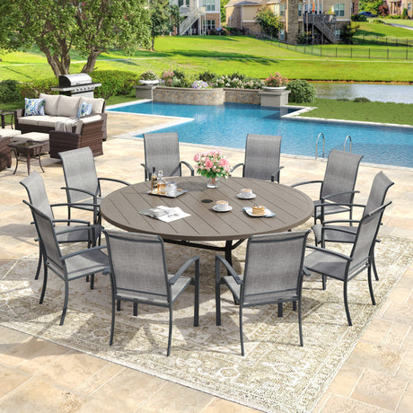 Vicllax 11-Piece Outdoor Dining Set, 63” Round Metal Table and Skyline Stackable Chair