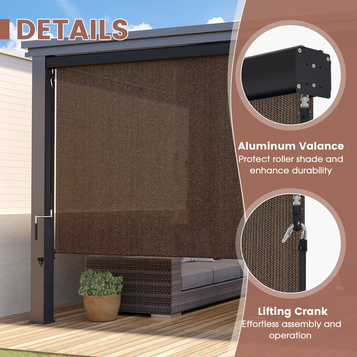 Vicllax Roller Shade, Patio Cordless Sun Blocking Roller Shade with Aluminum Valance