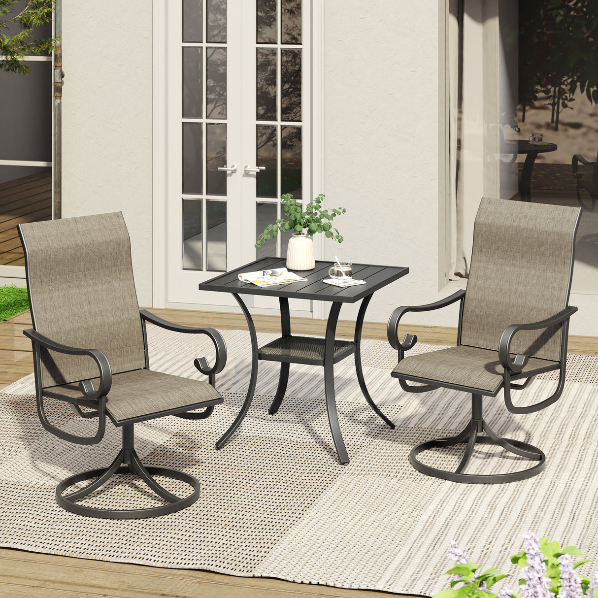 Vicllax 3-Piece Patio Bistro Set, Outdoor Swivel Chairs and Metal Square Table (Rocking 20°)