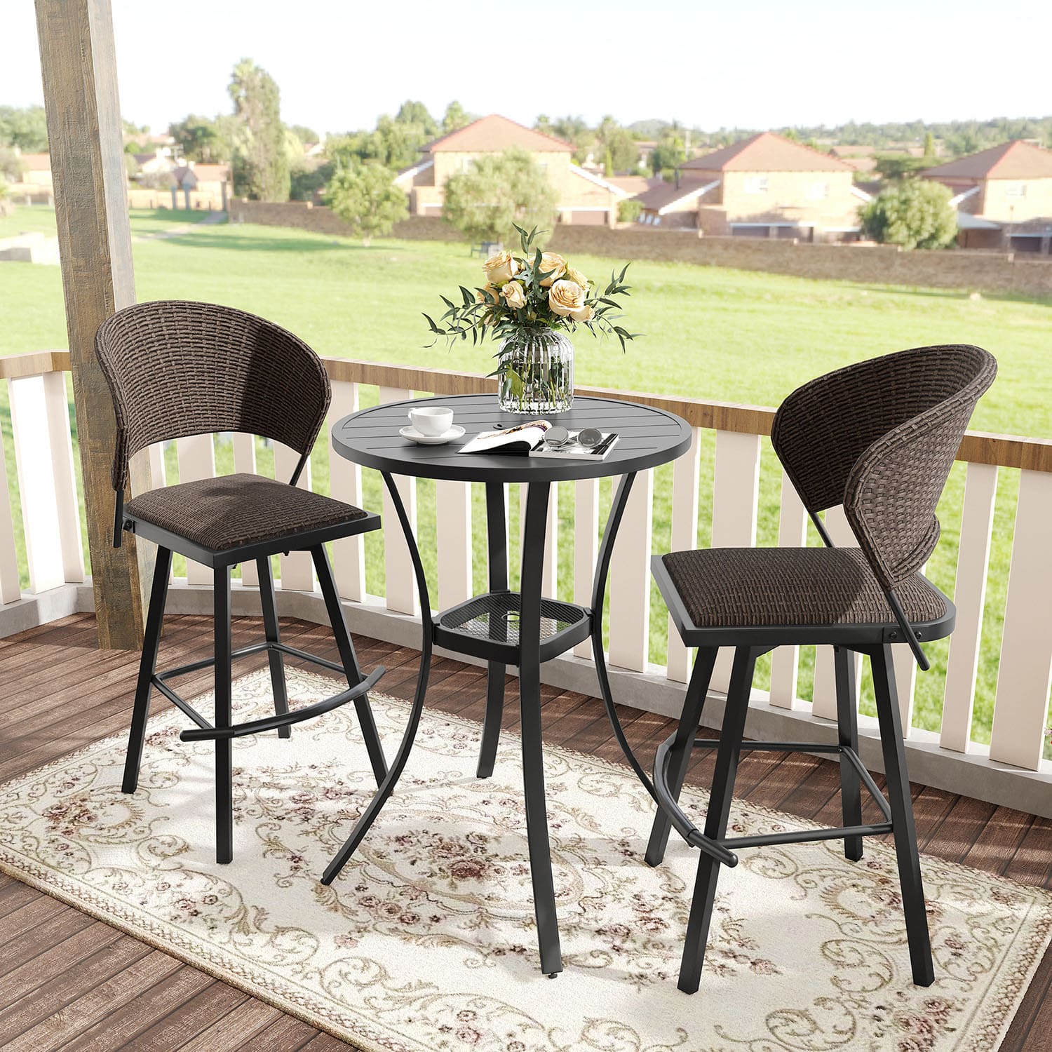 Vicllax 3/5 PCS Outdoor Swivel Bar Set, Patio Wicker Bar Chairs and Round Bar Table