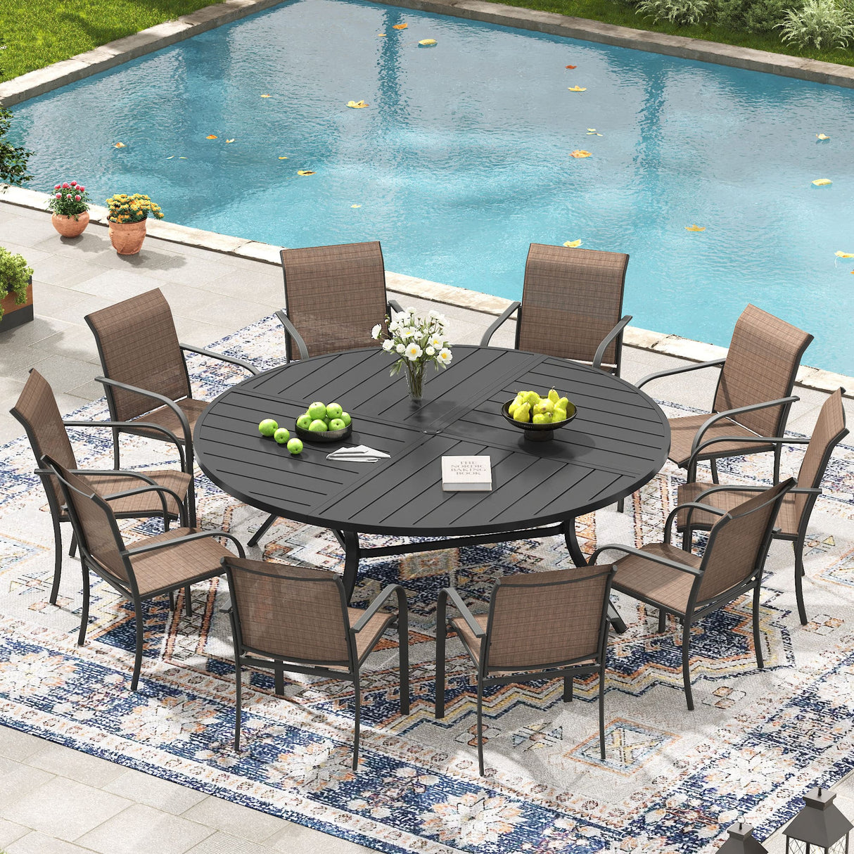 Vicllax Mesa redonda para patio de 42" con estante de almacenamiento y orificio para sombrilla ajustable 