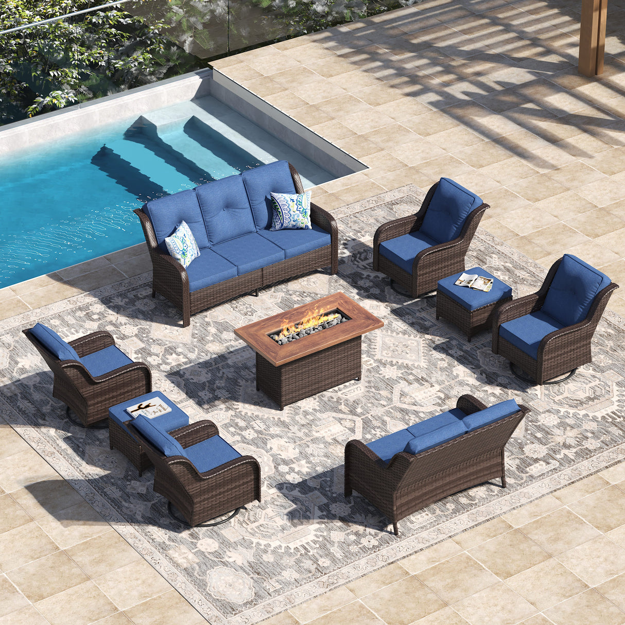 Vicllax Patio Wicker Oasis Lounge Set, 9 Seater with Fire table
