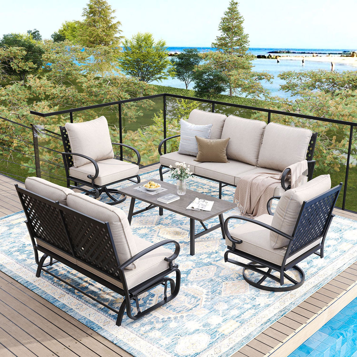 Vicllax 5-Piece Outdoor Patio Conversation Set with Cushioned Sofa Chairs and Ottomans