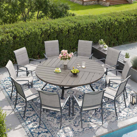 Vicllax Outdoor Dining Set of 8/10, Round Metal Table and Stackable Padded Chair Set of 8, 10
