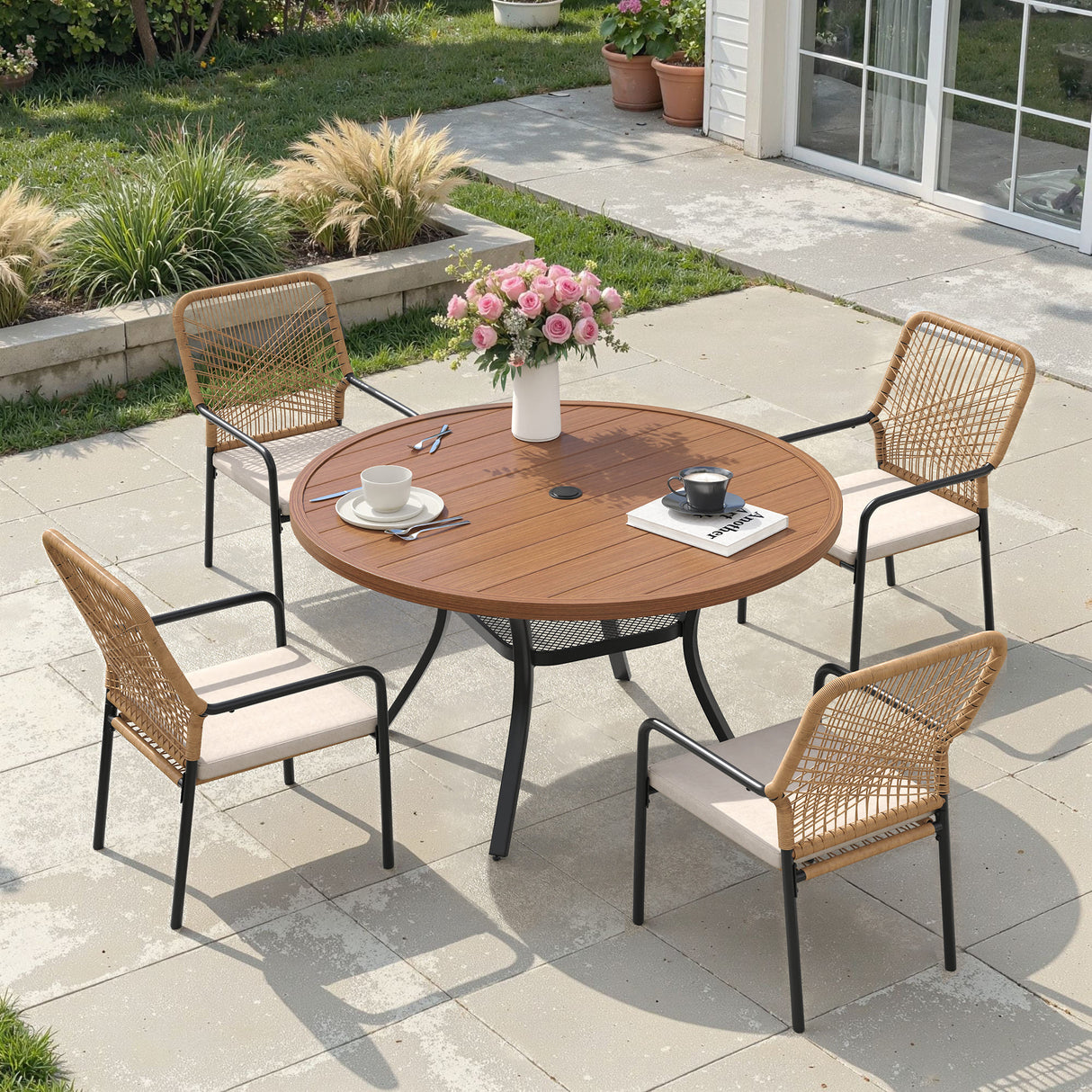 Vicllax 5 Pieces Outdoor Dining Set, 40.6"Round Table and Alora Stackable Chair