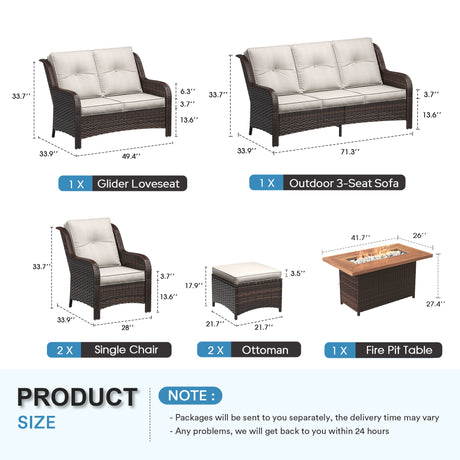 Vicllax Patio Wicker Oasis Lounge Set, 6-Piece Outdoor Sofa Set with Fire Pit Table(Stable Sofa Chair Set)